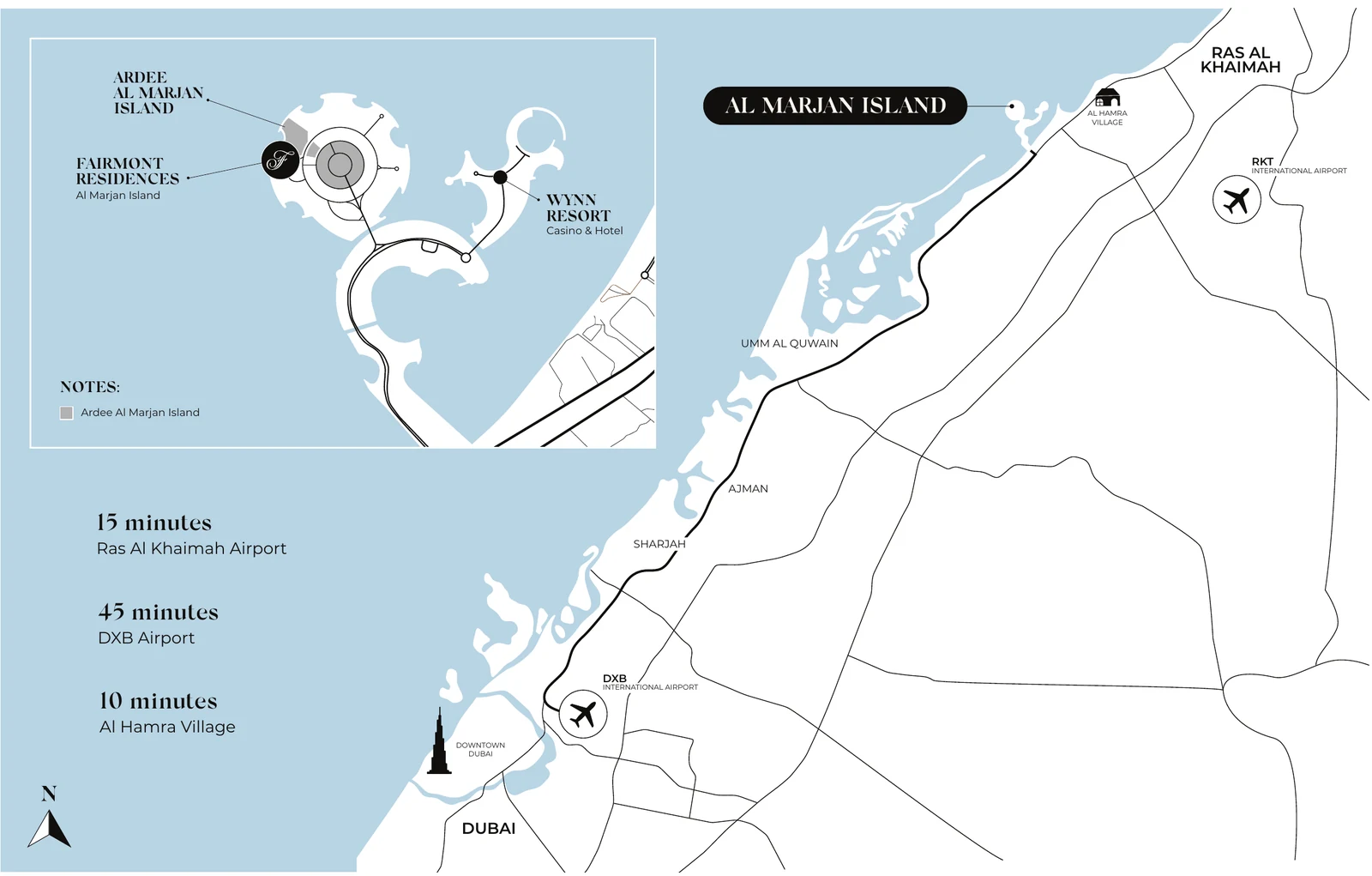 Map of Al Marjan Island showing Fairmont Residences, Wynn resort, Ras Al Khaimah airport and Dubai