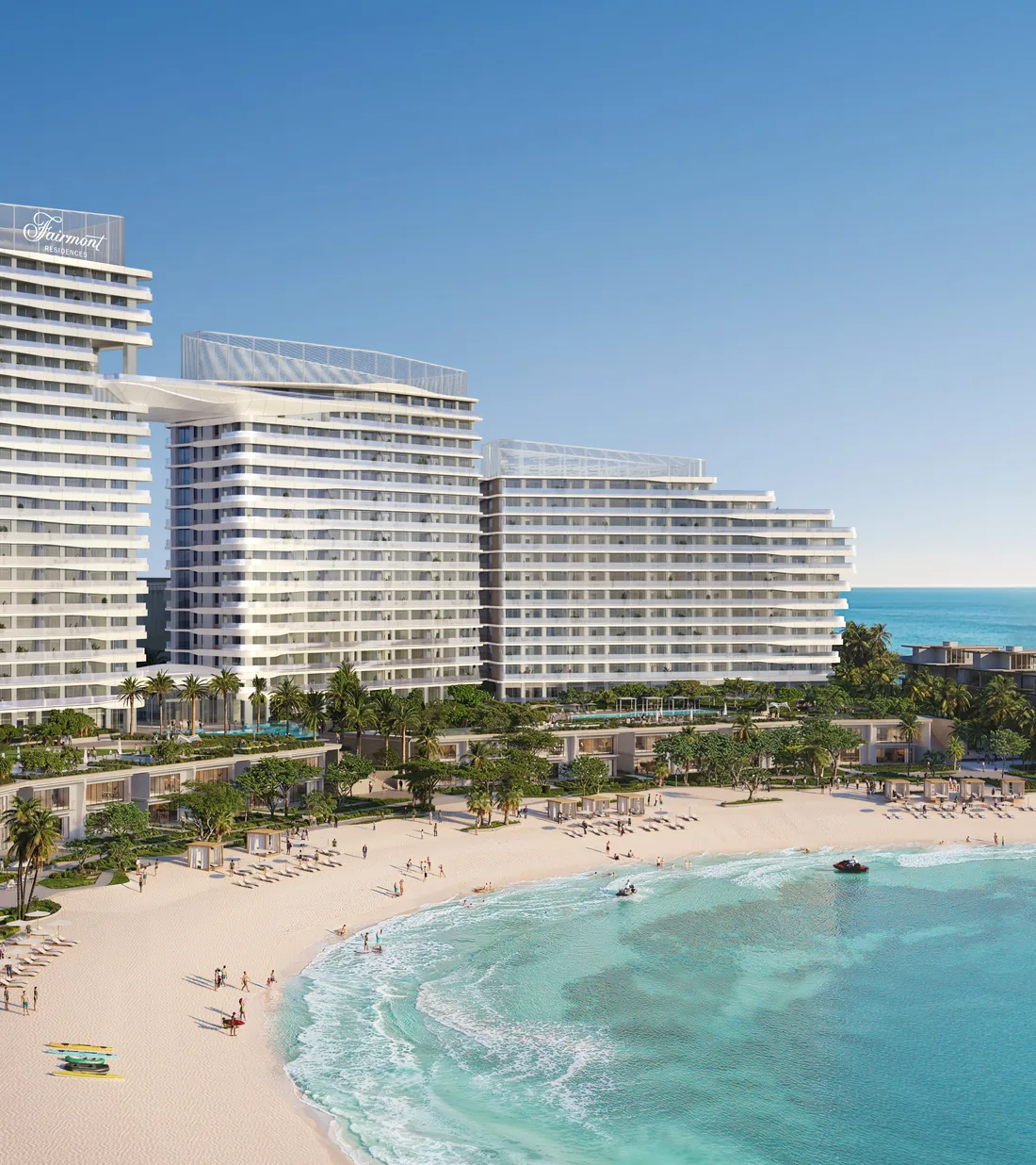 Fairmont Residences Al Marjan Island towers above the beach and lagoon
