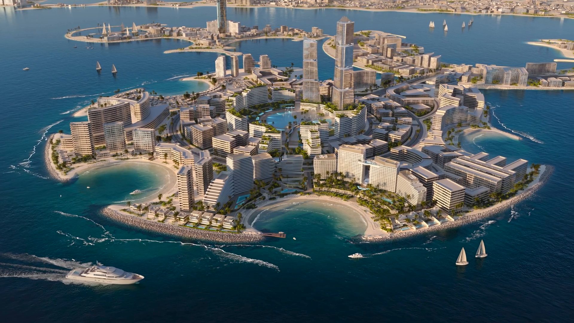 Aerial view of Al Marjan Island and Fairmont Residences on the beachfront (official Ardee render)